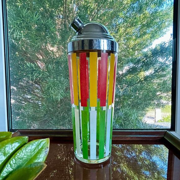 Mid-CenturyOrange and Green Striped Glass Cocktail Shaker w/ Chrome Top, 10” - Picture 11 of 16